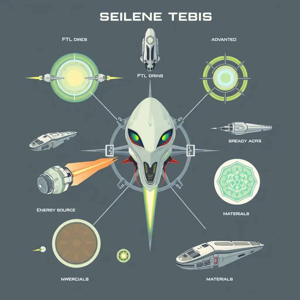 Illustration showing various hypothetical types of advanced alien technology like FTL drives, energy sources, and advanced materials