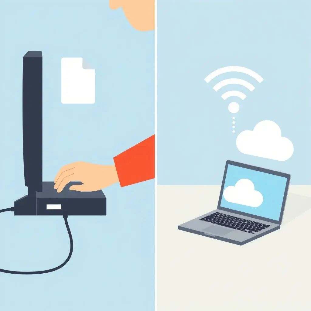 Split visual comparing direct local file access vs cloud file access via Wi-Fi.