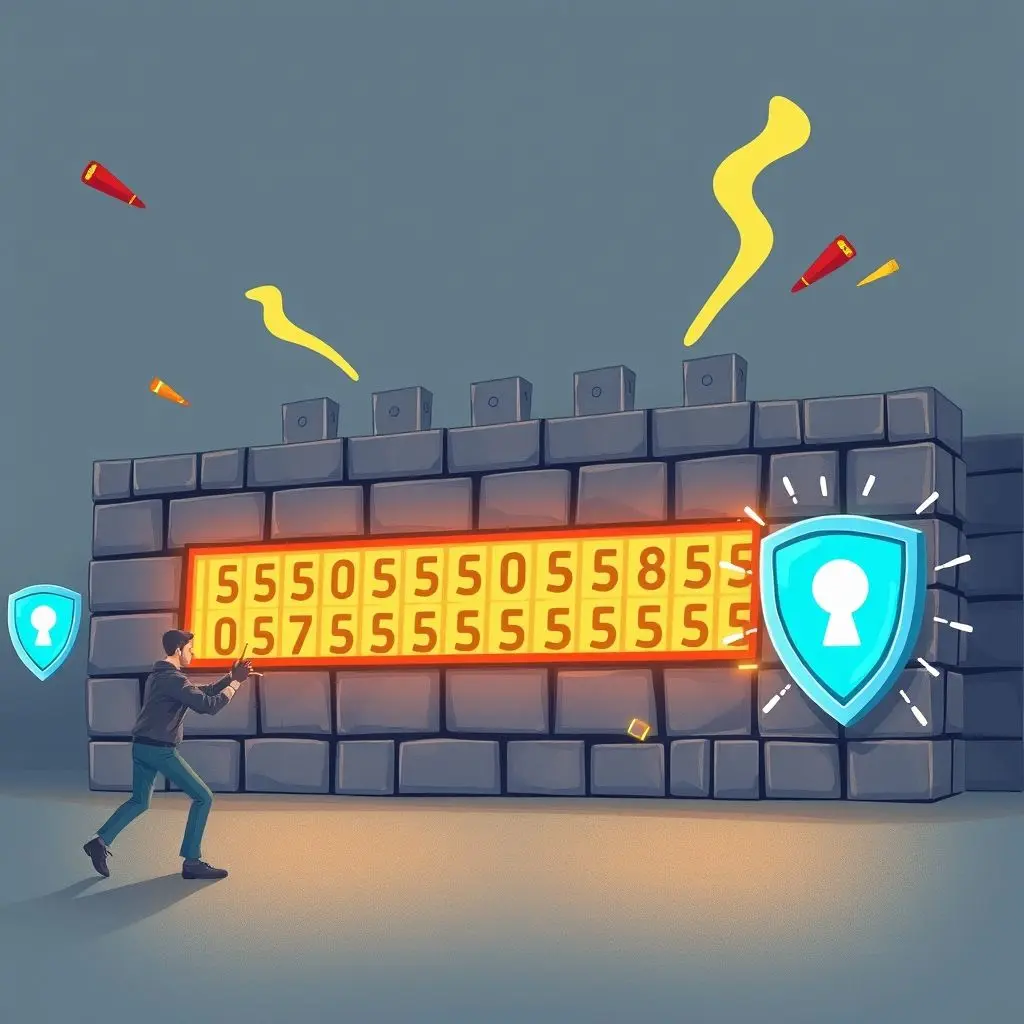 Illustration depicting a complex password as a secure fortress with digital shields and walls.
