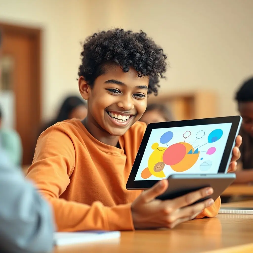 Happy student actively engaged with a tablet displaying interactive learning content powered by AI.