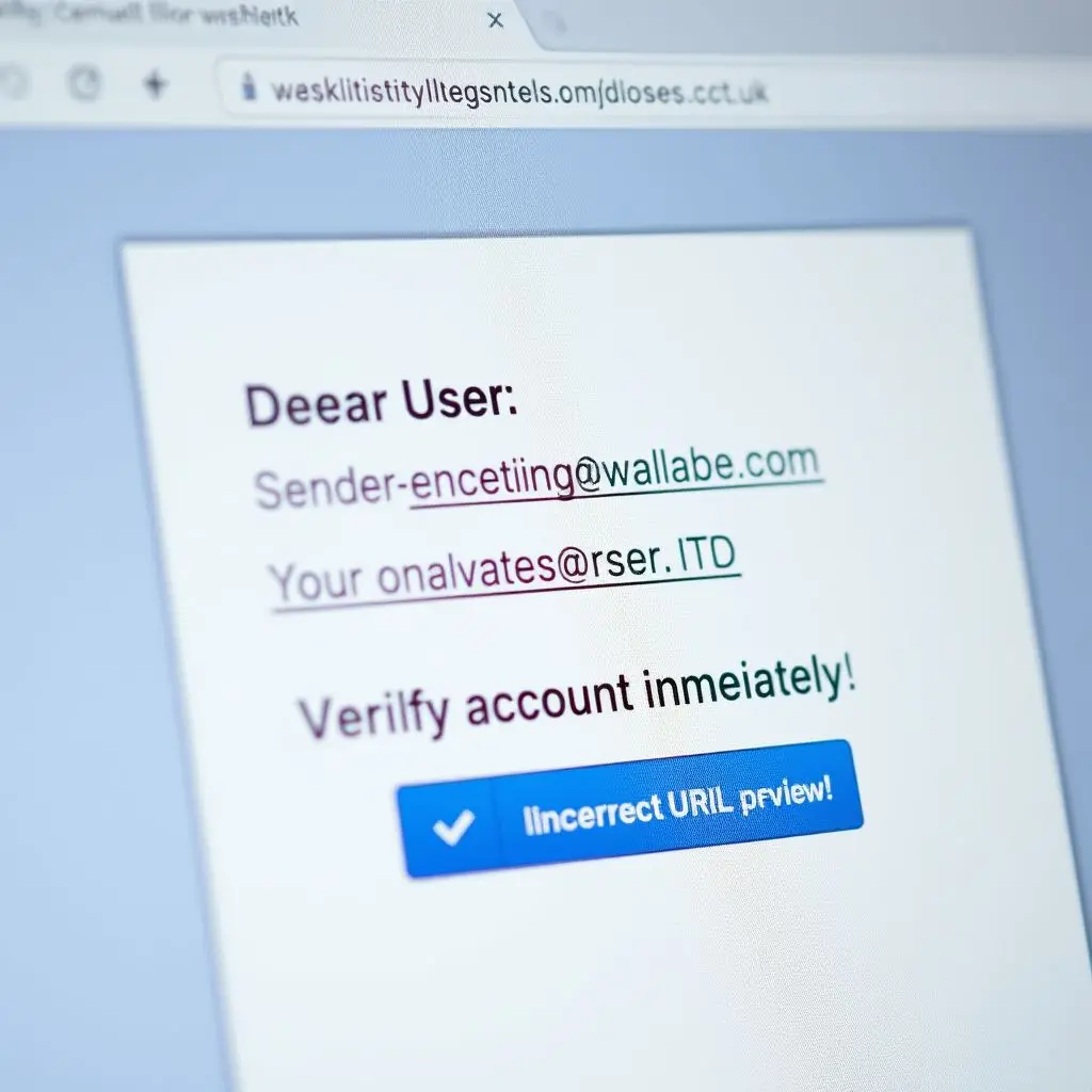 Magnifying glass highlighting red flags in a phishing email, such as generic greeting and suspicious link.