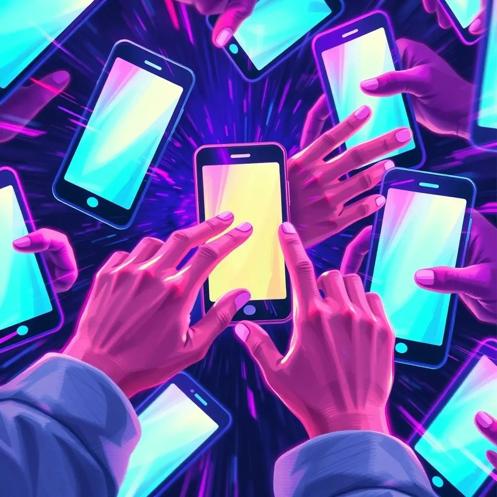 Artistic illustration of hands swiping on multiple phone screens, symbolizing swipe culture.