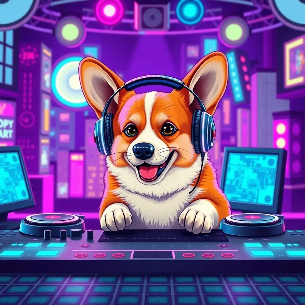 A vibrant AI generated image of a Corgi DJ in a synthwave style with neon lights.