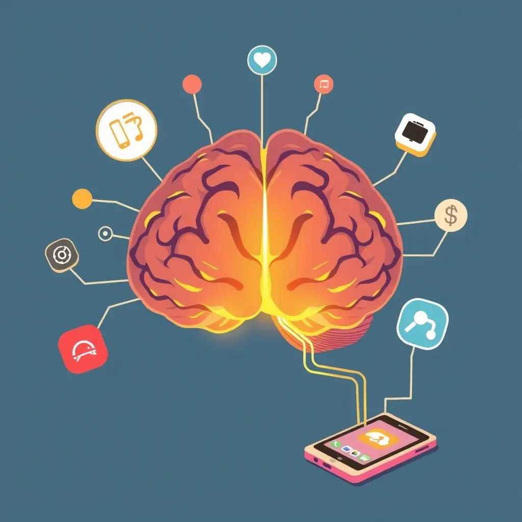 Illustration of a brain lighting up with connections to smartphone icons, representing dopamine release