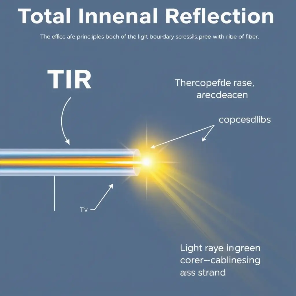 Diagram illustrating Total Internal Reflection (TIR) within a fiber optic strand.