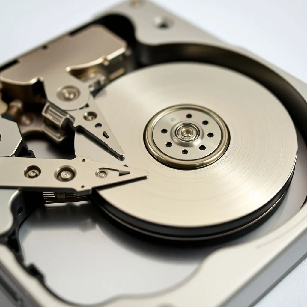 An open view of a Hard Disk Drive showing the magnetic platters and read/write arm.