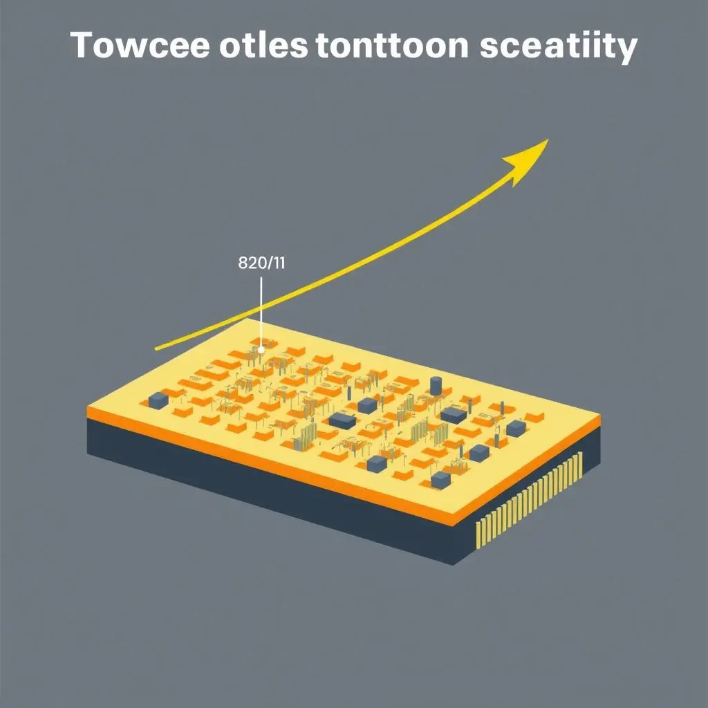 Illustration depicting increasing transistor density on a silicon chip over time, showing components getting smaller and more numerous within a fixed area.