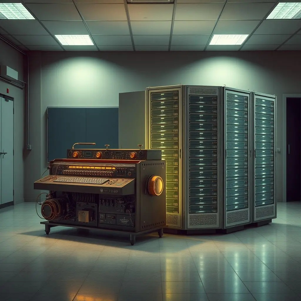 Symbolic image showing Bletchley Park machine evolving into modern supercomputer