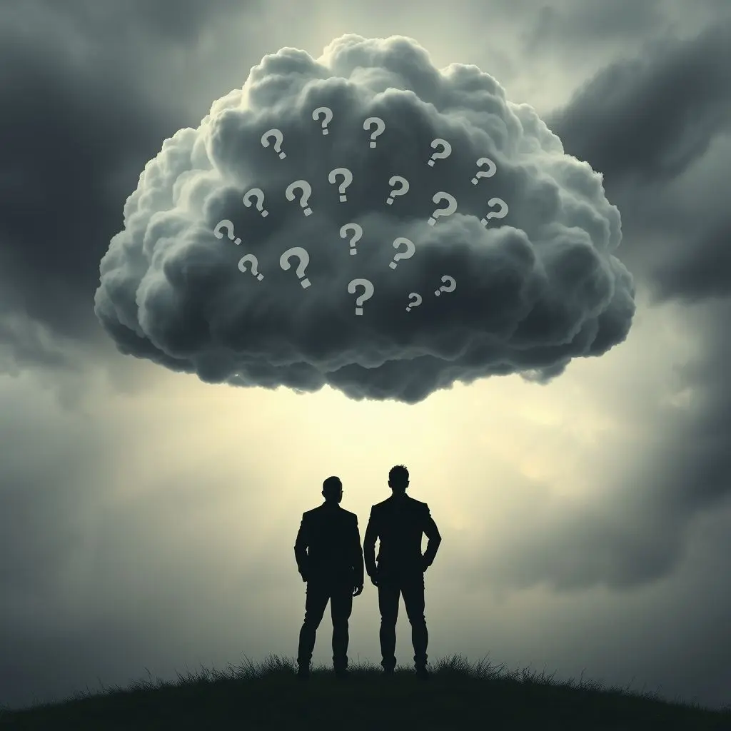 Two silhouetted figures looking at a storm cloud filled with question marks