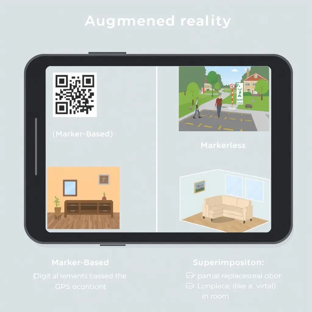 Illustrations showing examples of marker-based, markerless, and superimposition AR.