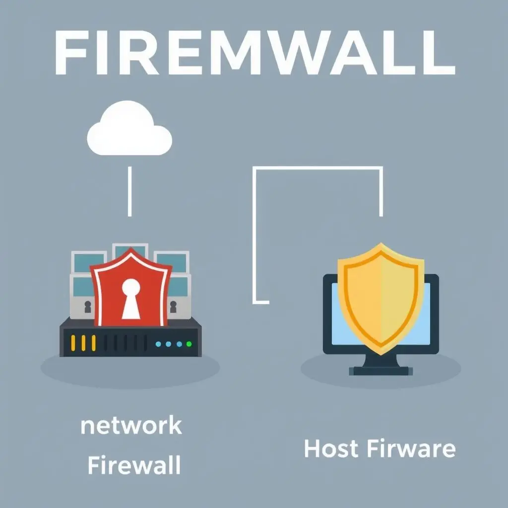 Illustration showing a network firewall protecting multiple devices and a host firewall protecting a single computer.