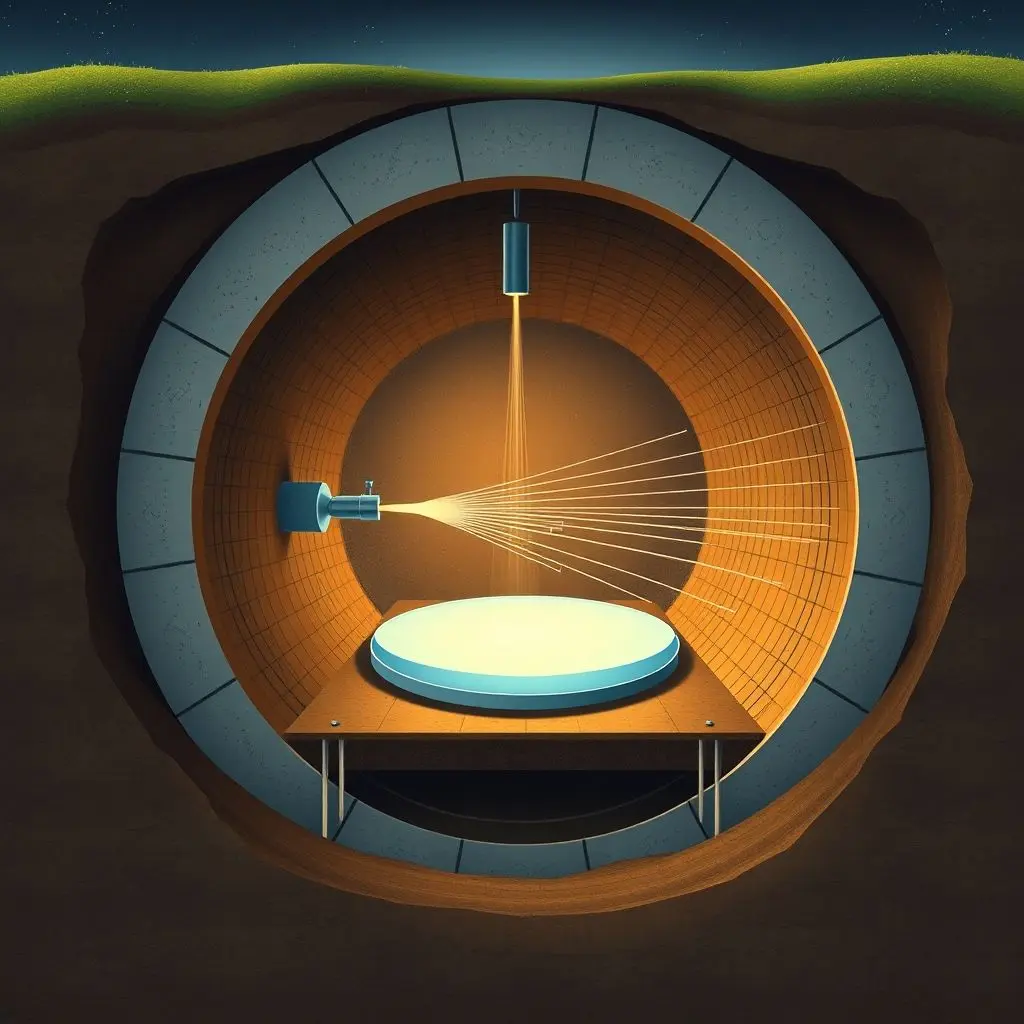 Cross-section view illustration of a large, underground detector shielding itself from cosmic rays while sensitive instruments within await a rare particle interaction.