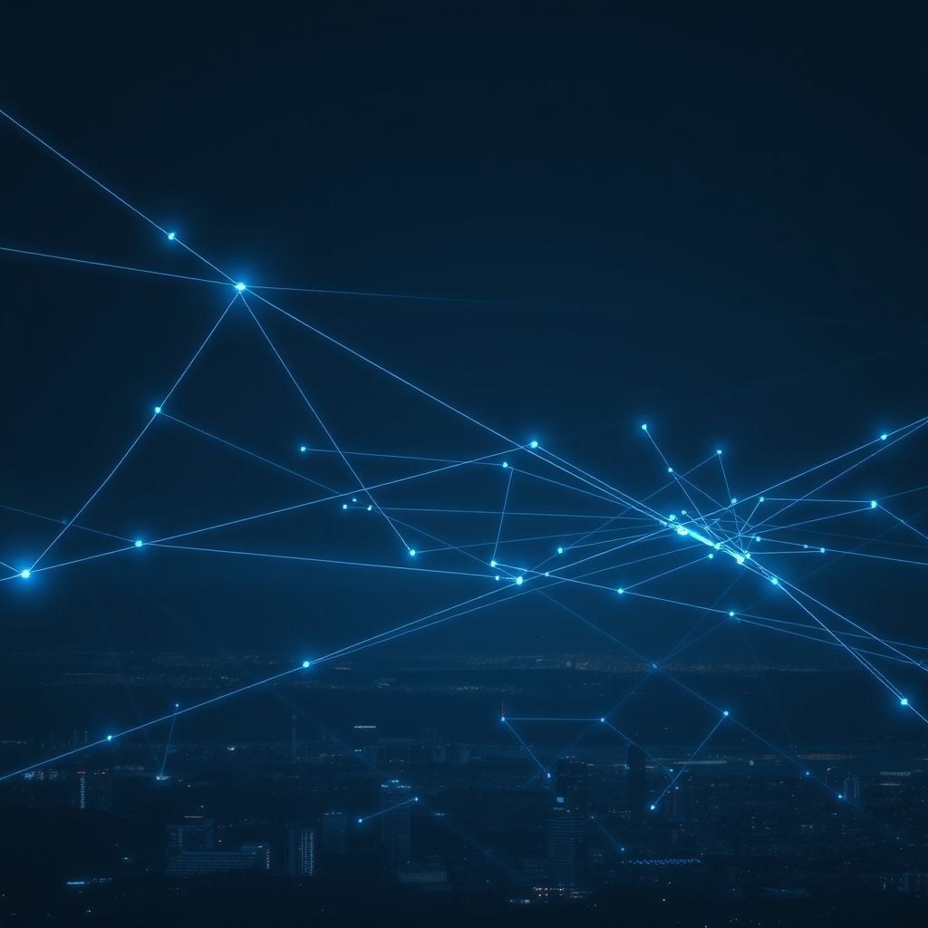 Abstract digital representation of complex air traffic routes glowing over a city at night