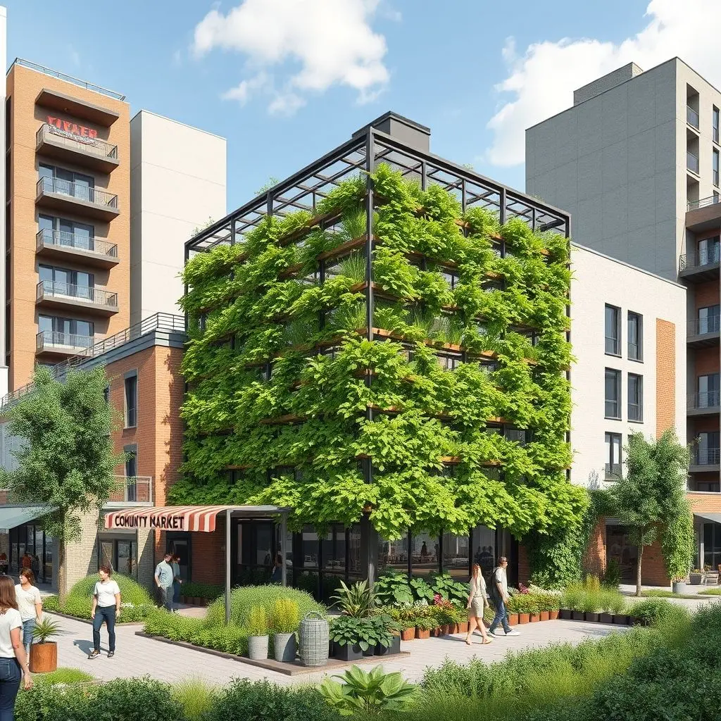 An image showing a vertical farm building integrated into an urban landscape, possibly with a community market nearby.