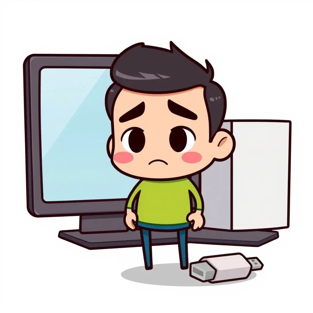 Stylized illustration of a person looking confused at a USB drive and a computer.