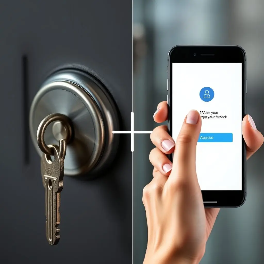 Split image showing a key in a lock and a finger approving a 2FA push notification