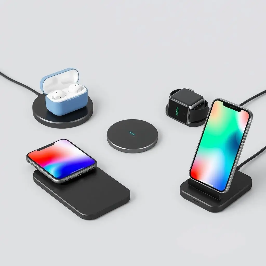 Image showing a variety of wireless charging pads and stands with different phone and earbud devices placed on them.