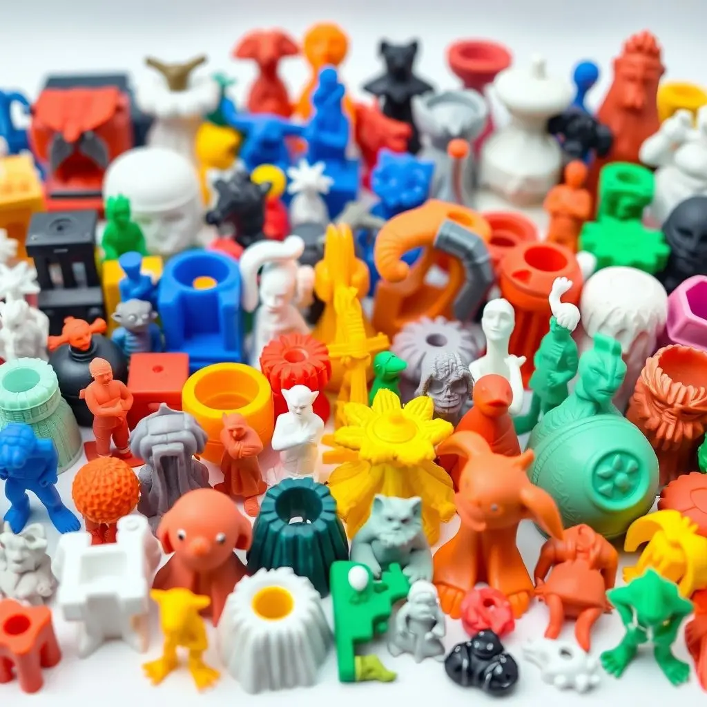 A diverse collection of colorful 3D printed objects including prototypes, figurines, and tools.