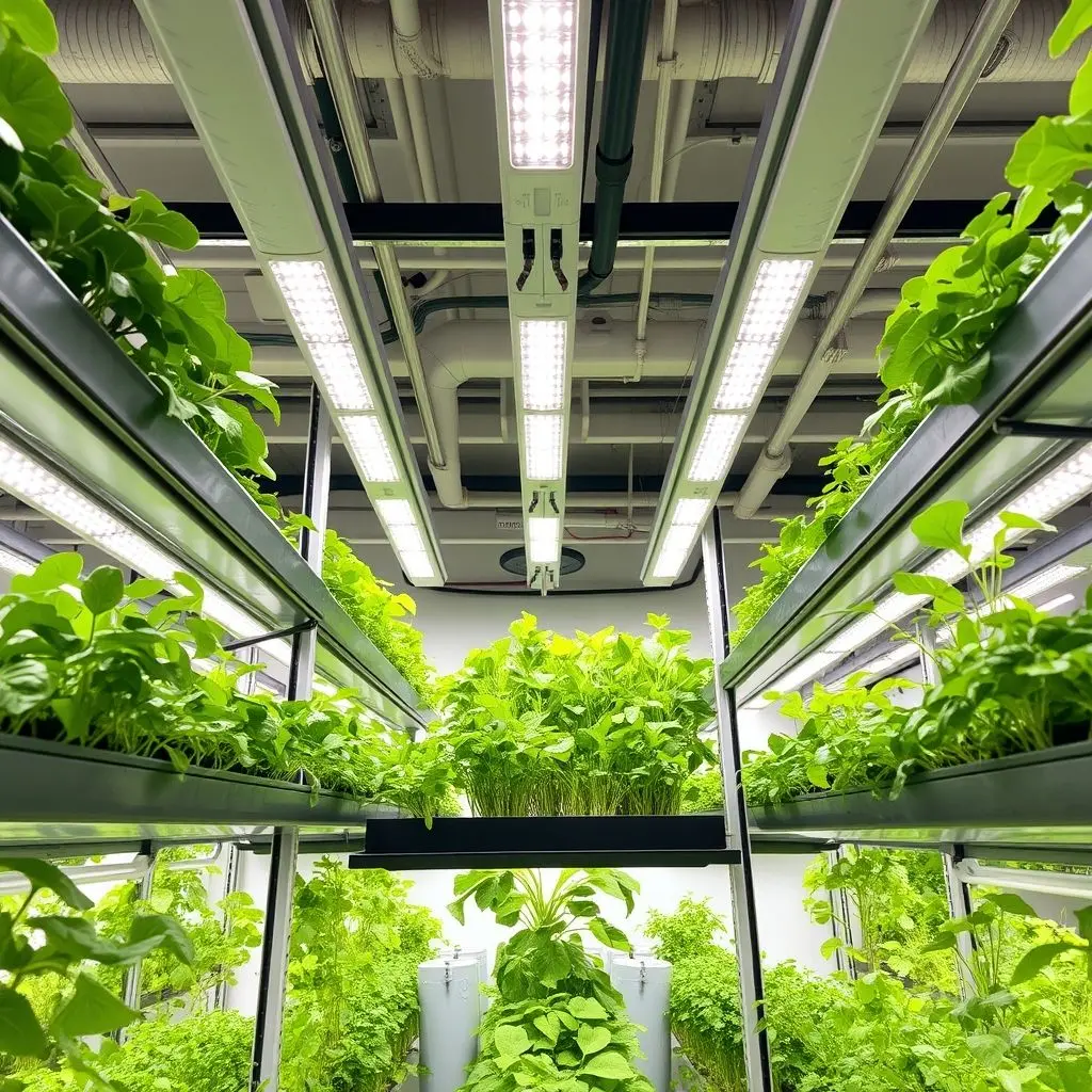 Inside view of a vertical farm showing racks of plants, LED lights, and visible technology like pipes and sensors.
