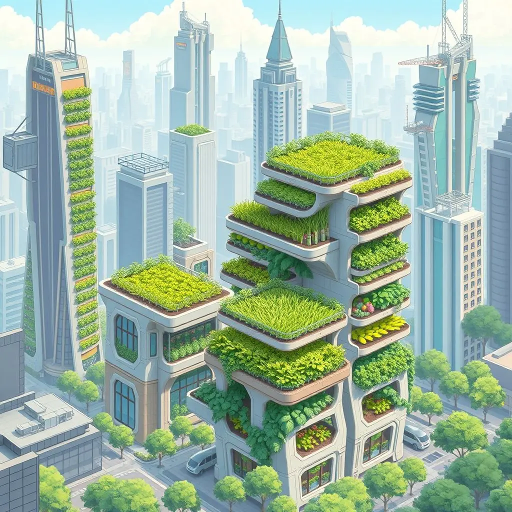 Illustration of a futuristic city featuring buildings with integrated vertical farms, showcasing a blend of urban architecture and agriculture.
