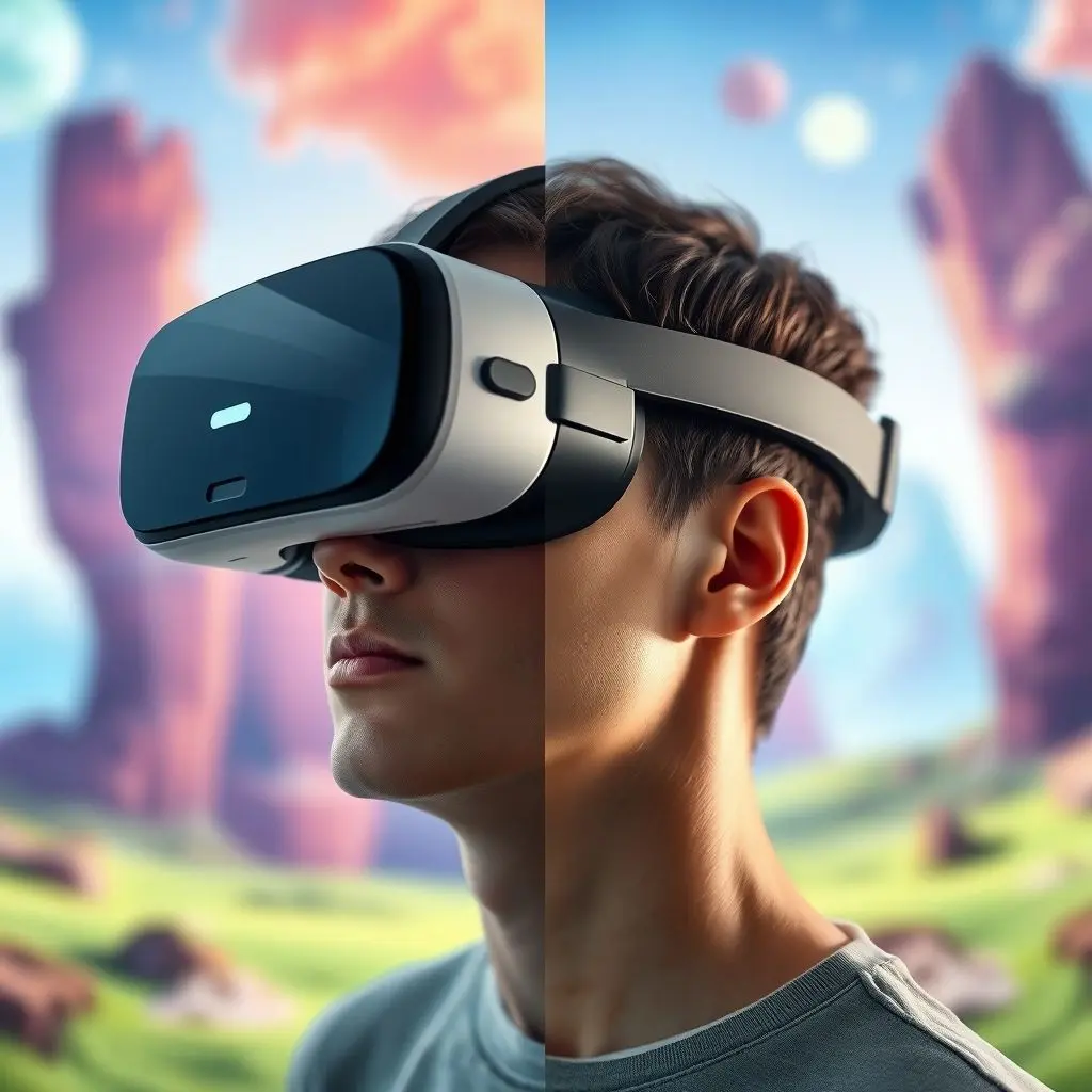Person wearing a VR headset fully immersed in a digital environment, showing a completely computer-generated scene.