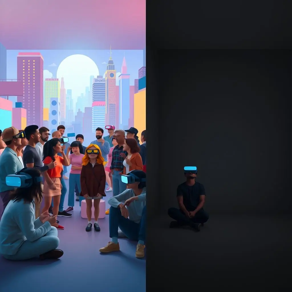 Split image: people interacting in vibrant VR vs sitting alone in rooms with headsets
