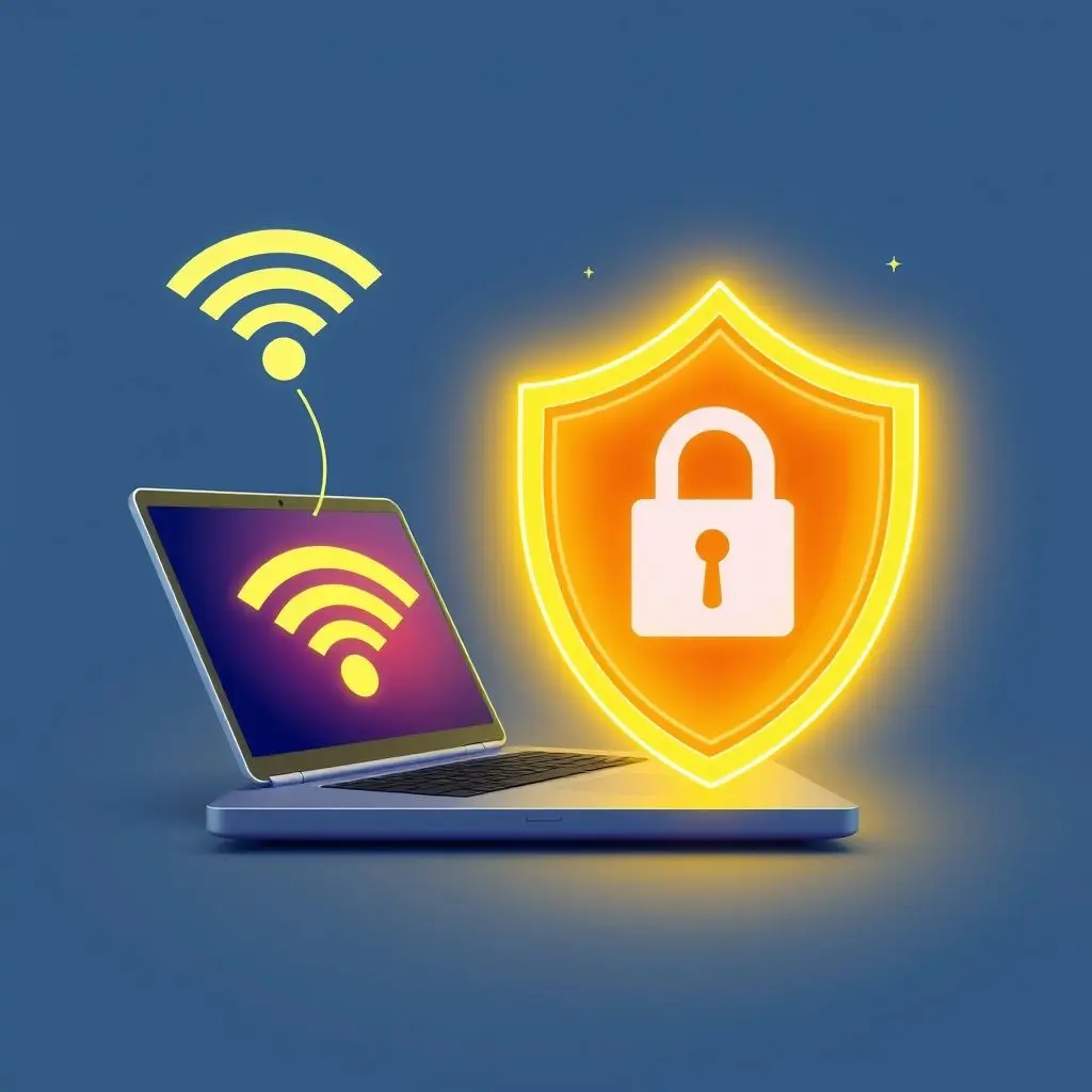Illustration of a laptop protected by a VPN shield while connected to public Wi-Fi, symbolizing secure encryption.