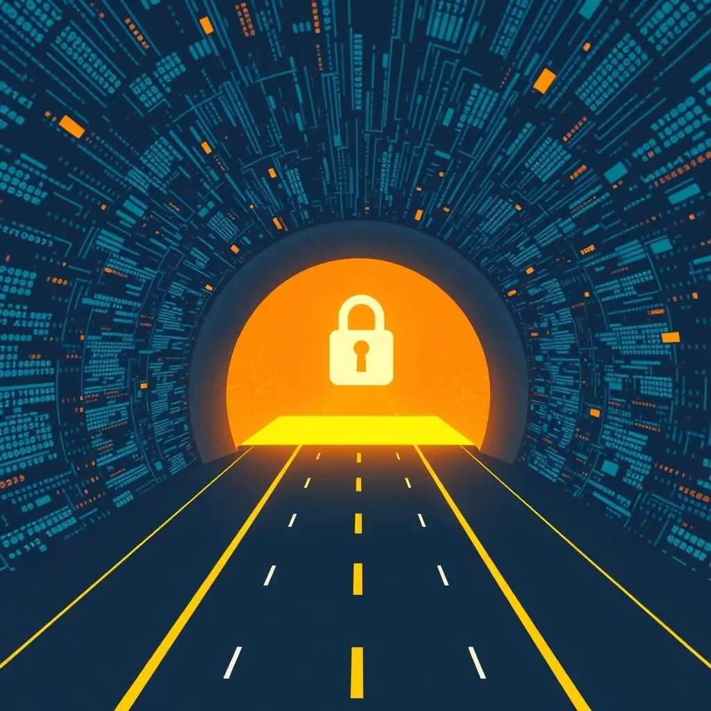 Visualization of a secure VPN tunnel protecting data flowing through the internet.