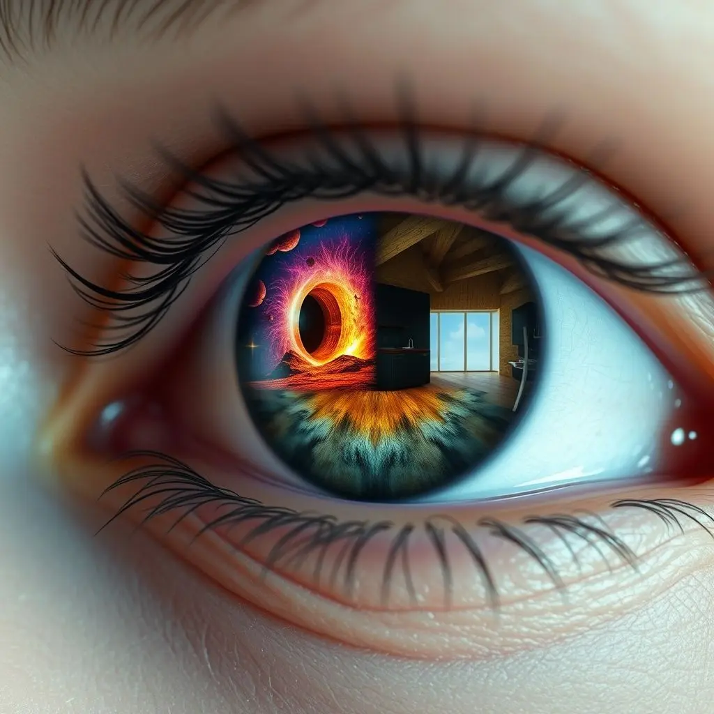 Person's eye reflecting both a fantastical VR landscape and a normal room, hinting at indistinguishable VR