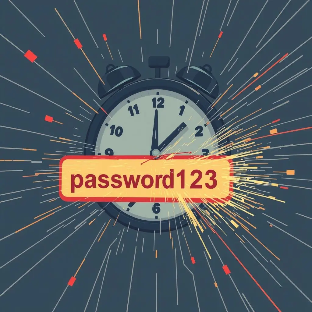 Illustration showing a weak password being instantly cracked by a rapidly ticking clock and digital lines.