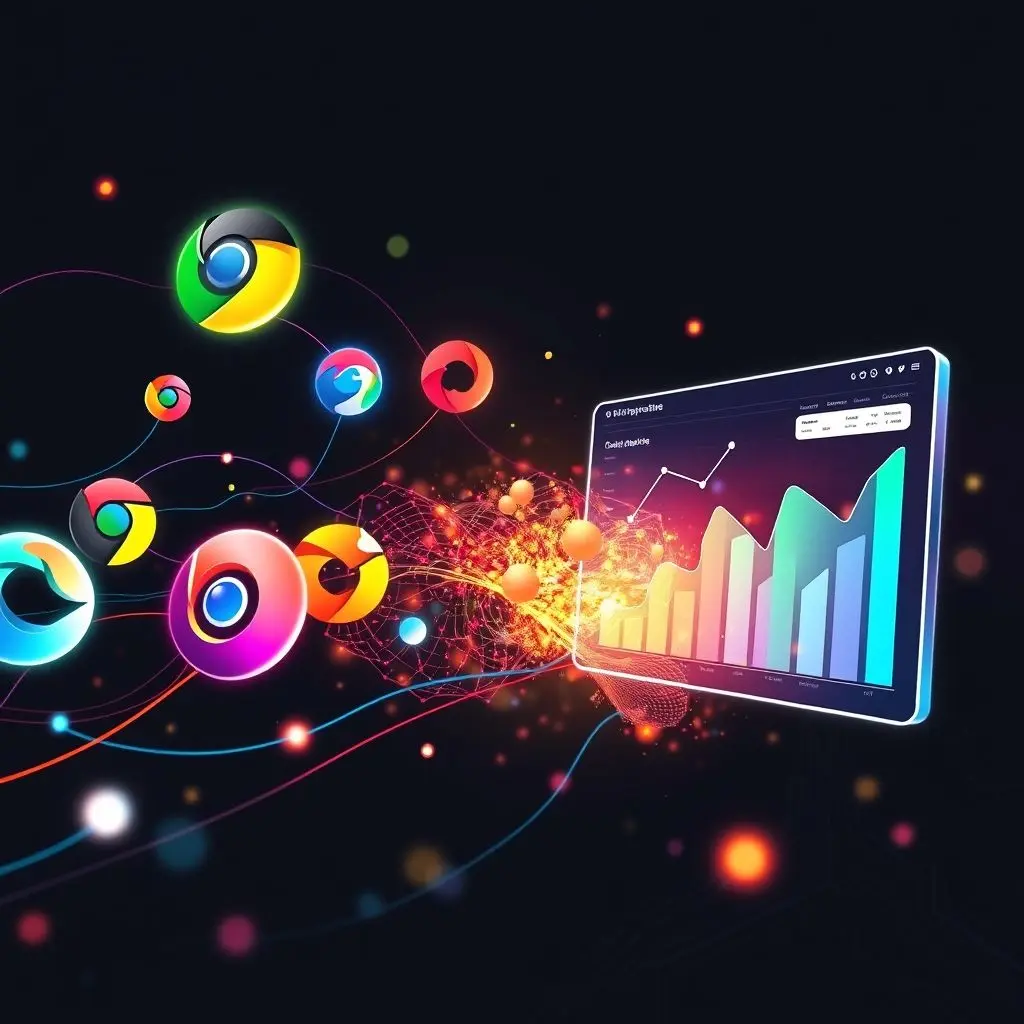 Abstract visualization of data flowing from multiple browsers to a central analytics dashboard, representing tracking via cookies