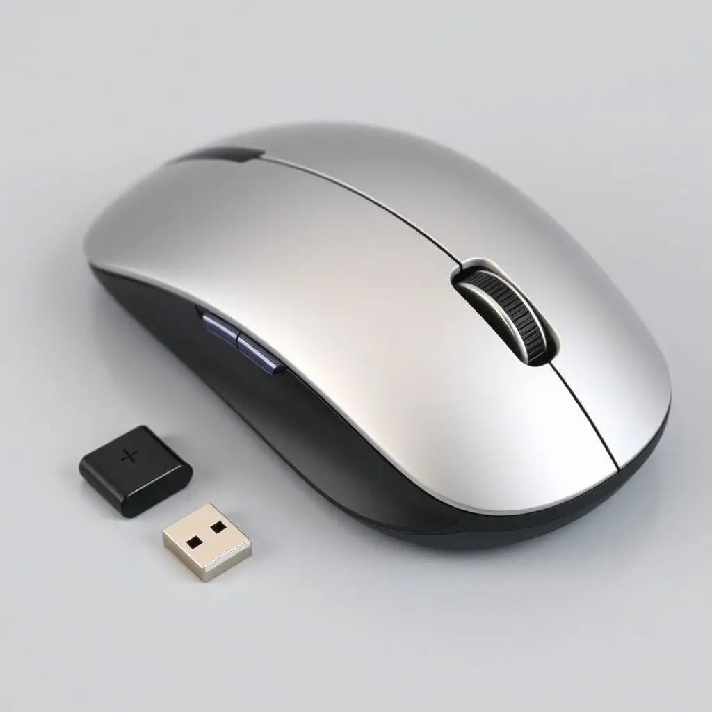 A wireless computer mouse next to a small USB receiver dongle.