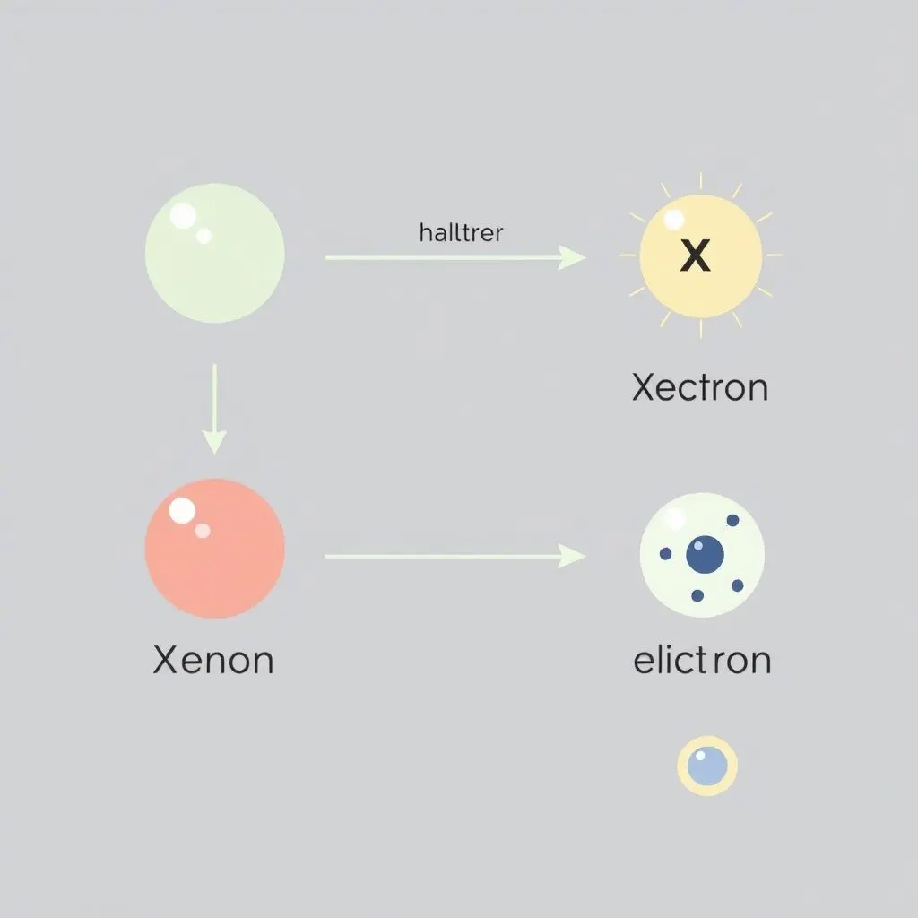 Illustration showing a neutral Xenon atom being ionized by electron collision