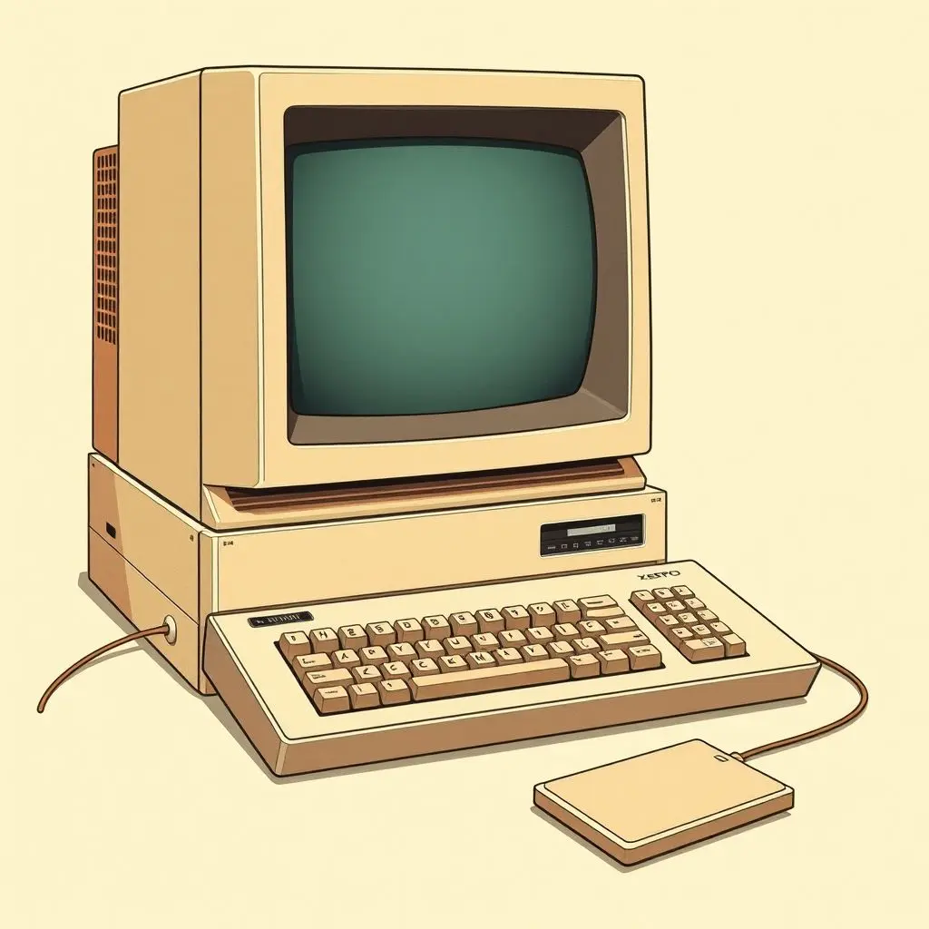 Illustration of a Xerox Alto computer system, showing the vertical monitor, keyboard, and mouse.