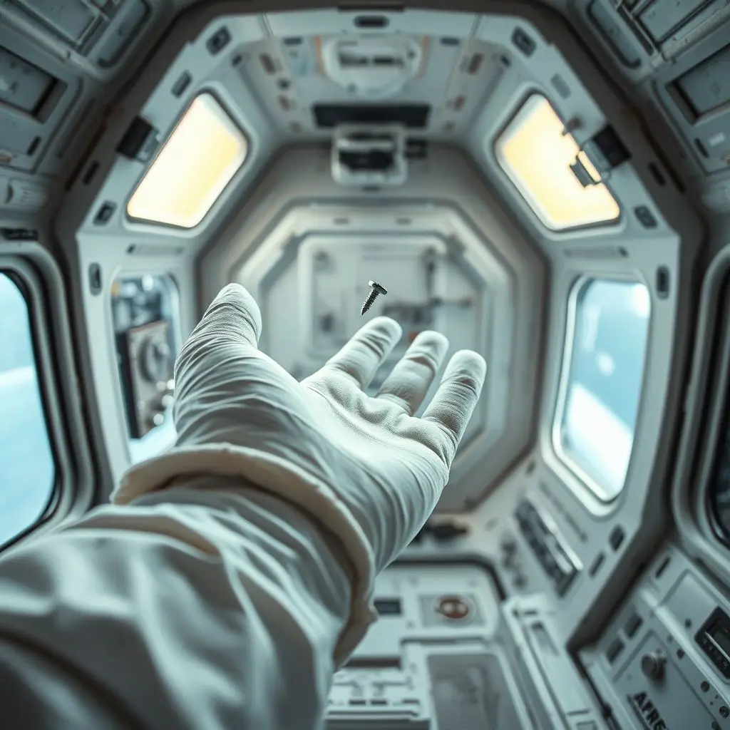 Astronaut's gloved hand carefully trying to manage a small floating tool inside the ISS, illustrating zero-gravity challenges