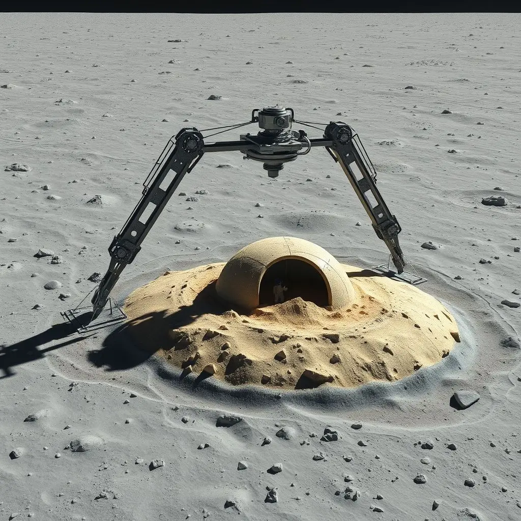 Artist's concept of a 3D printer constructing a habitat using lunar regolith on the Moon's surface.