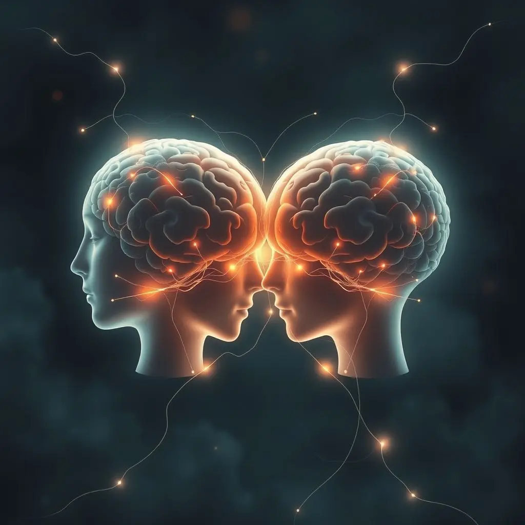 Abstract illustration showing two interconnected brains or heads with glowing lines representing neural signals.