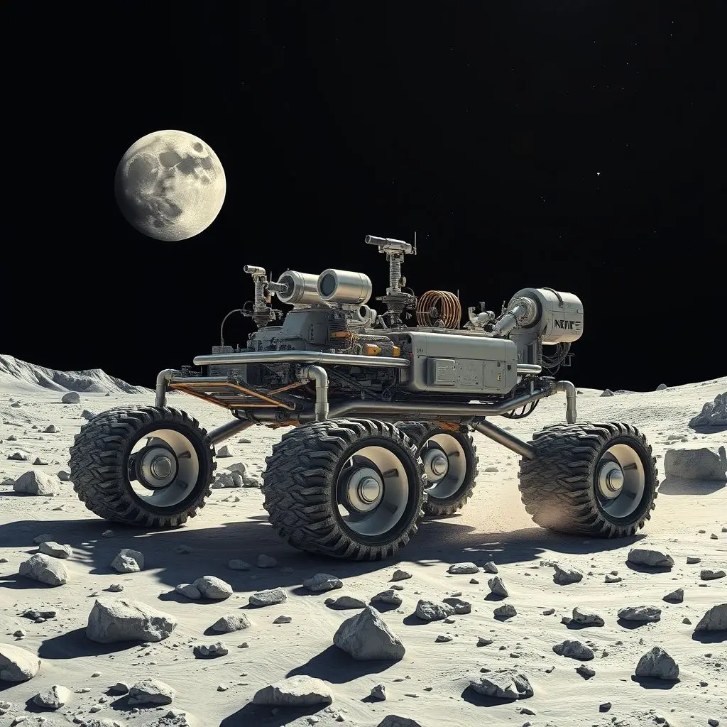 Artist's concept of an advanced, multi-wheeled lunar rover designed for long-duration surface exploration.