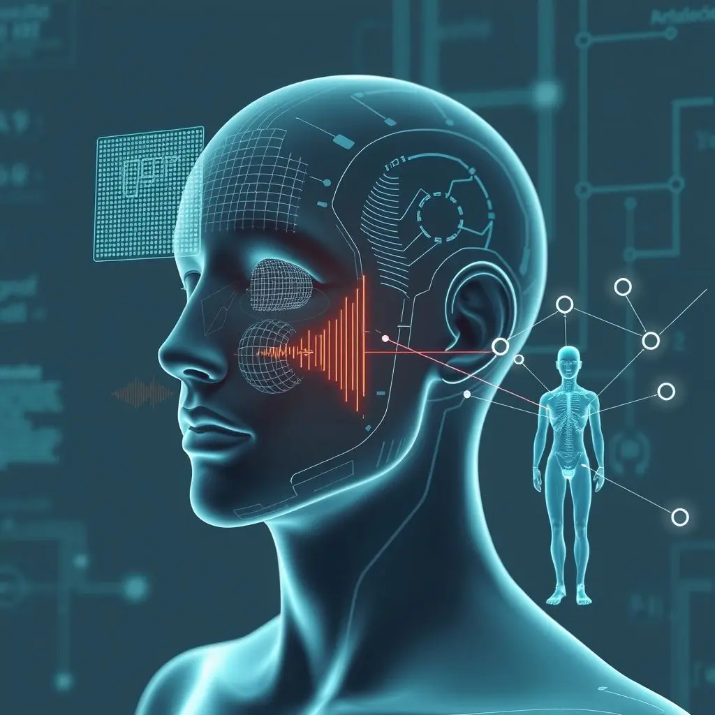 Illustration showing an AI interface analyzing multiple data streams: facial expressions (micro-expressions), vocal patterns (waveform), and body posture.