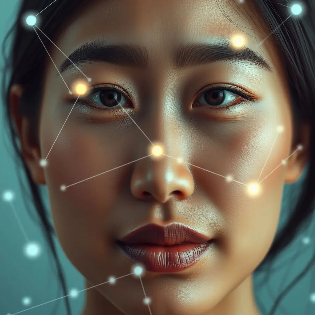 Illustration of AI analyzing facial microexpressions on a face with data points and lines.