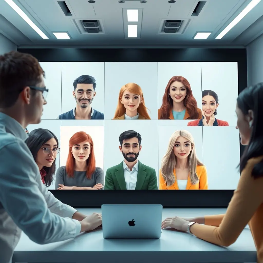 AI generated avatars participating in a futuristic virtual reality meeting.