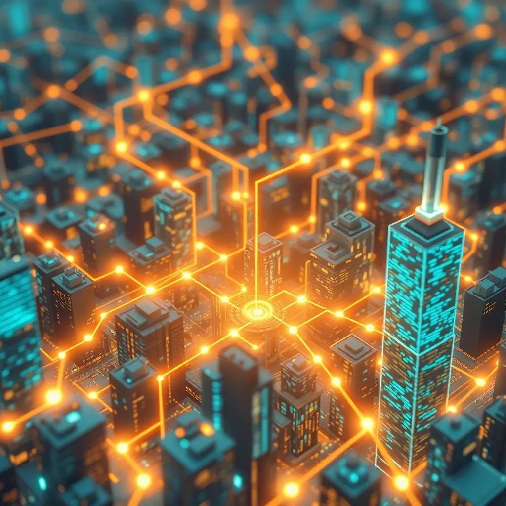 Abstract image of data flowing into a city grid, representing AI in urban planning