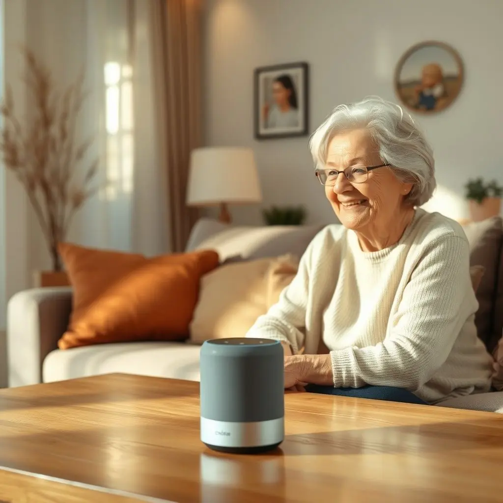 An elderly person smiling while talking to a voice-activated AI companion device on a table.