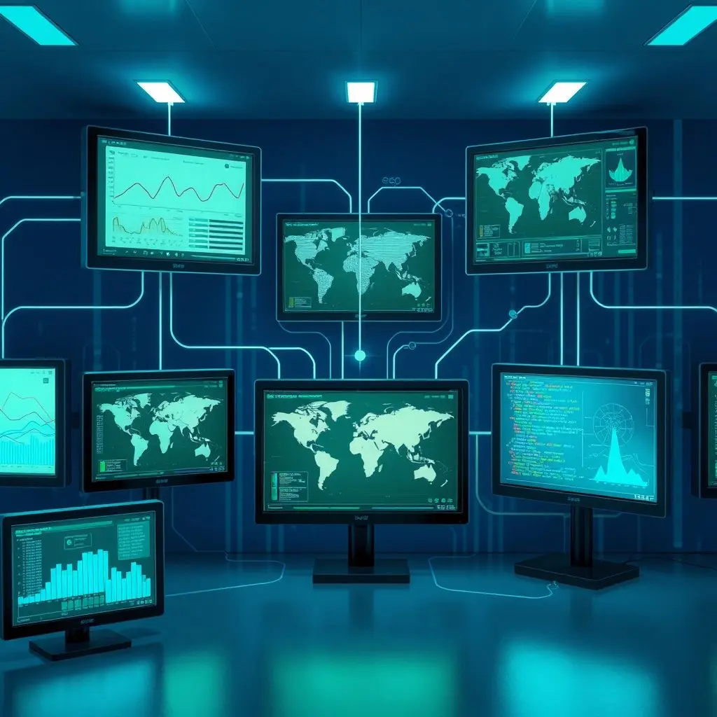 AI model analyzing complex weather patterns and environmental data on screens, predicting disaster paths.