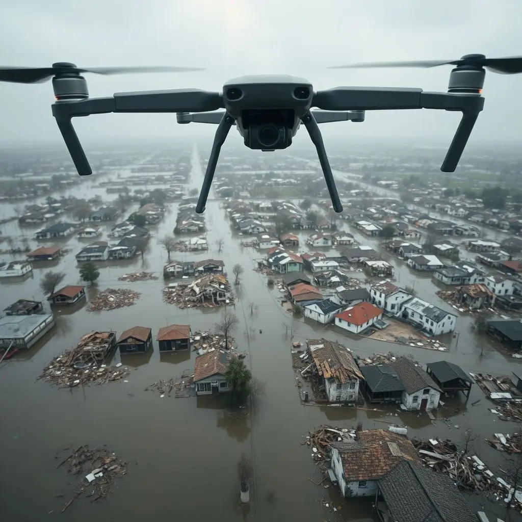 AI-powered drone flying over a flooded town, mapping damage and identifying potential survivor locations.