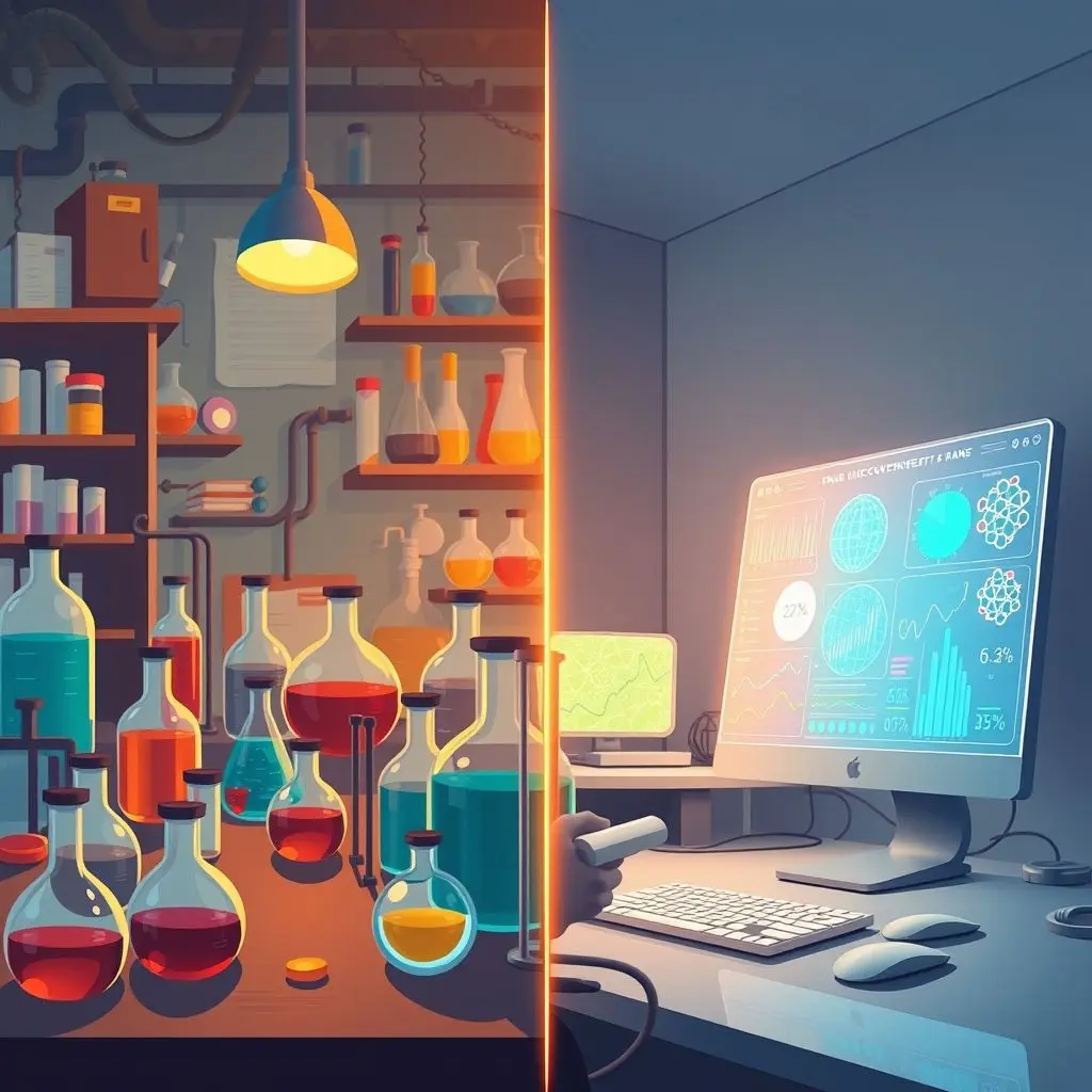 Computer interface showing accelerated drug discovery process compared to manual lab work