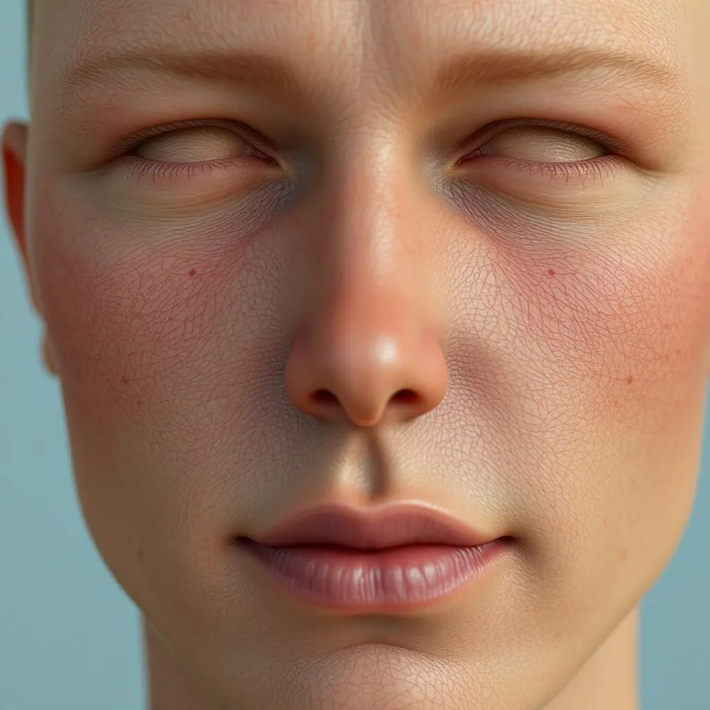 Closeup of a hyper-realistic AI generated human avatar face, showing intricate details and textures.