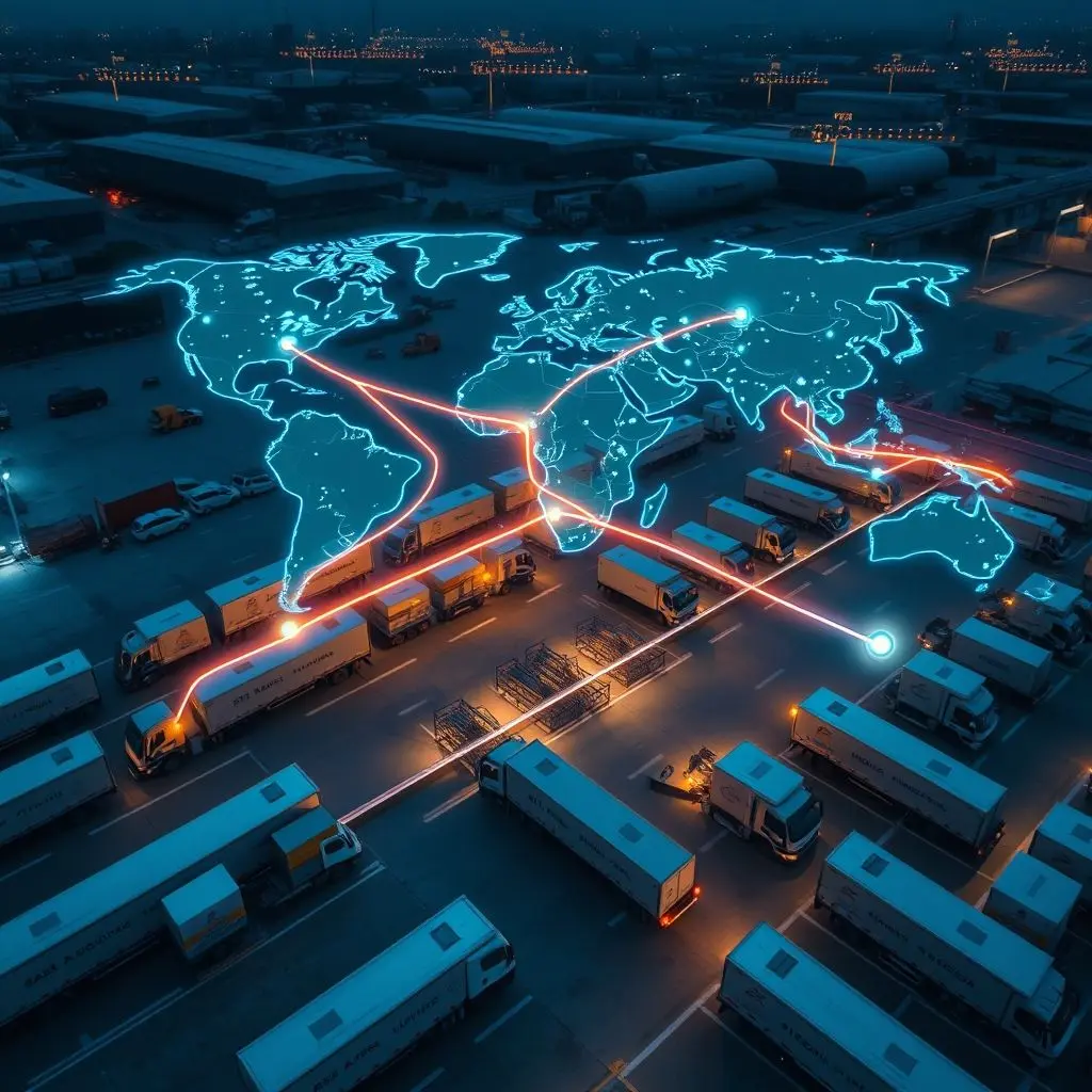 AI dashboard showing optimized routes and supply allocation for disaster relief trucks.