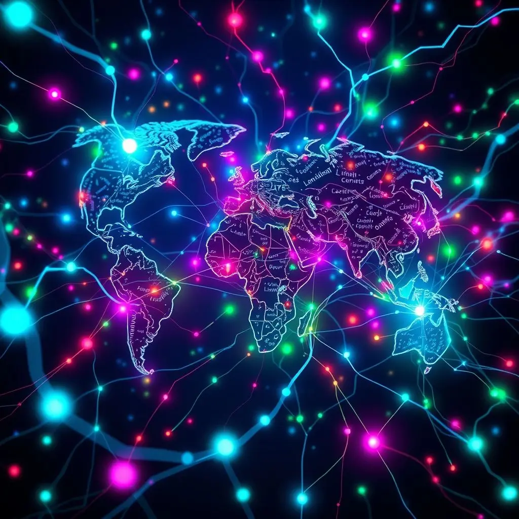 Abstract depiction of AI neural network processing language data globally.