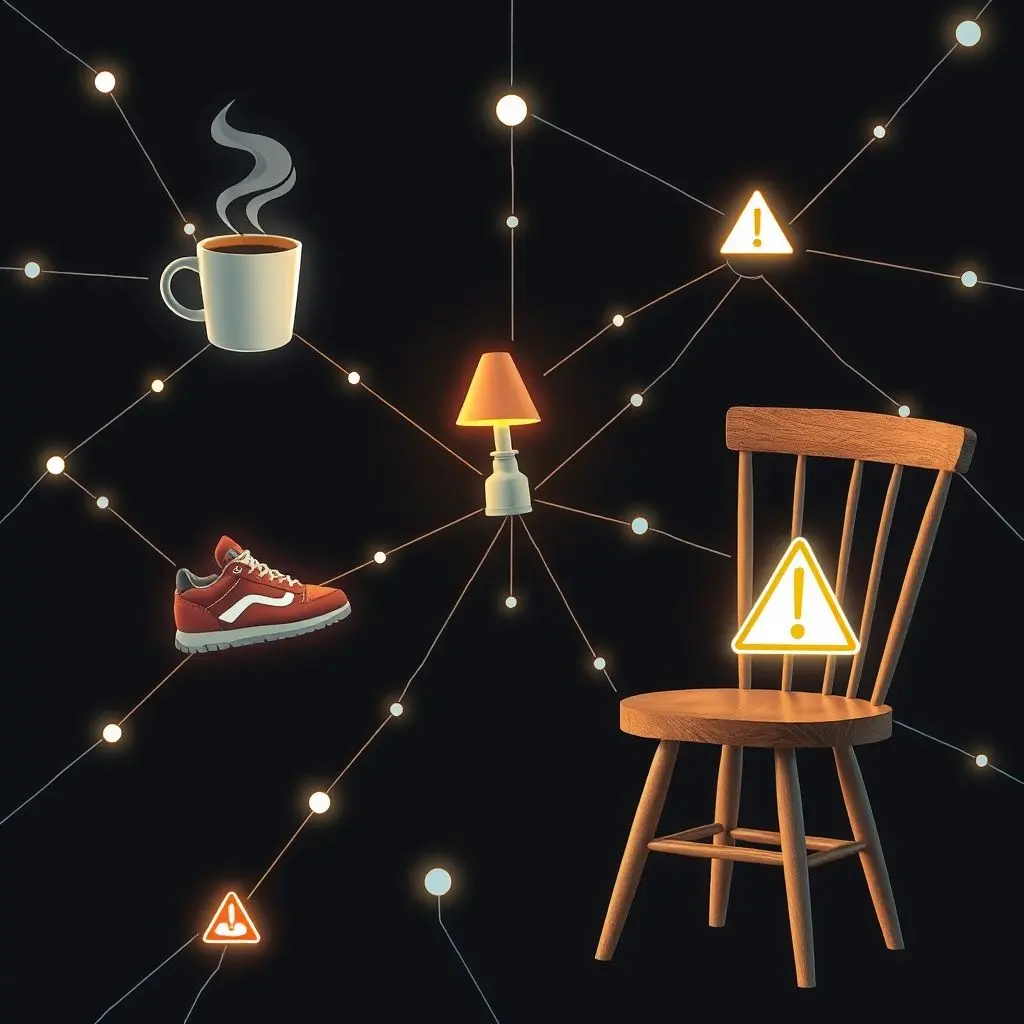 Digital threat symbol hovering over interconnected smart objects
